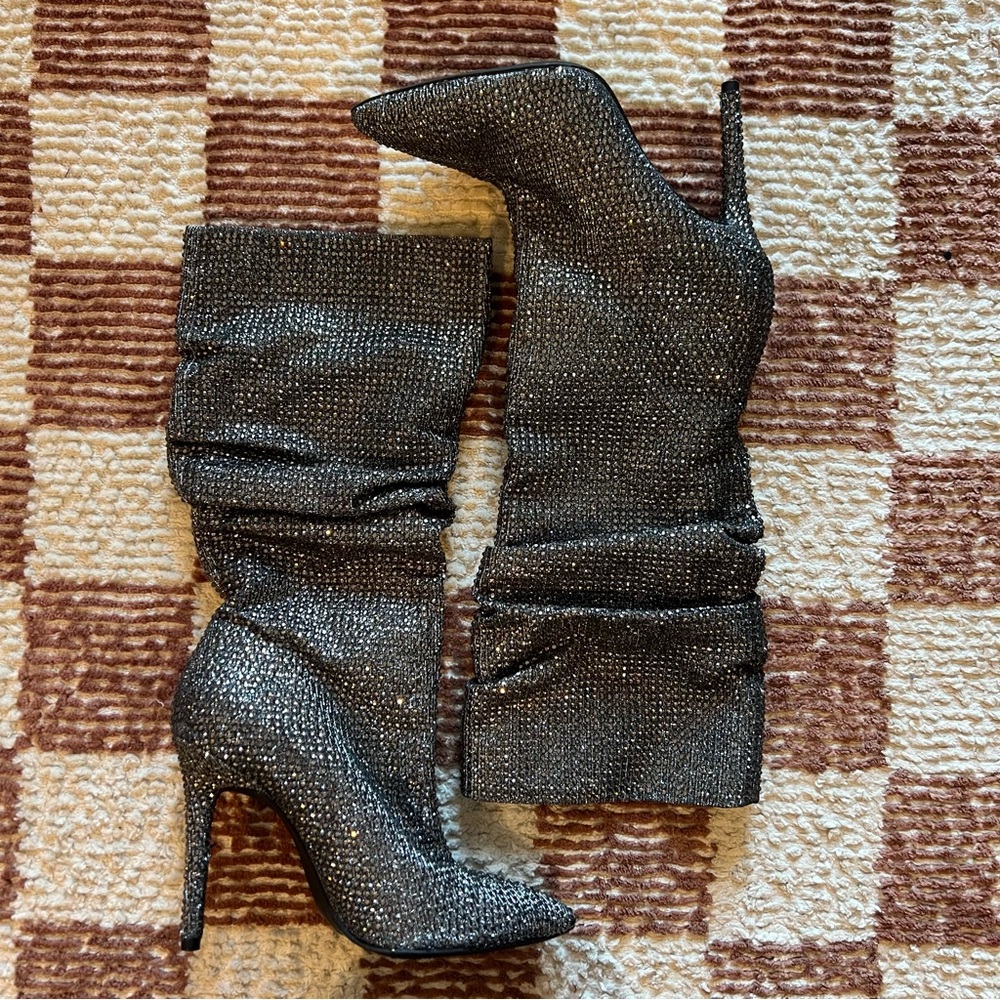 Jessica Simpson Stilletto Heels Pointed Toe Gunmetal Rhinestone Slouch Boots